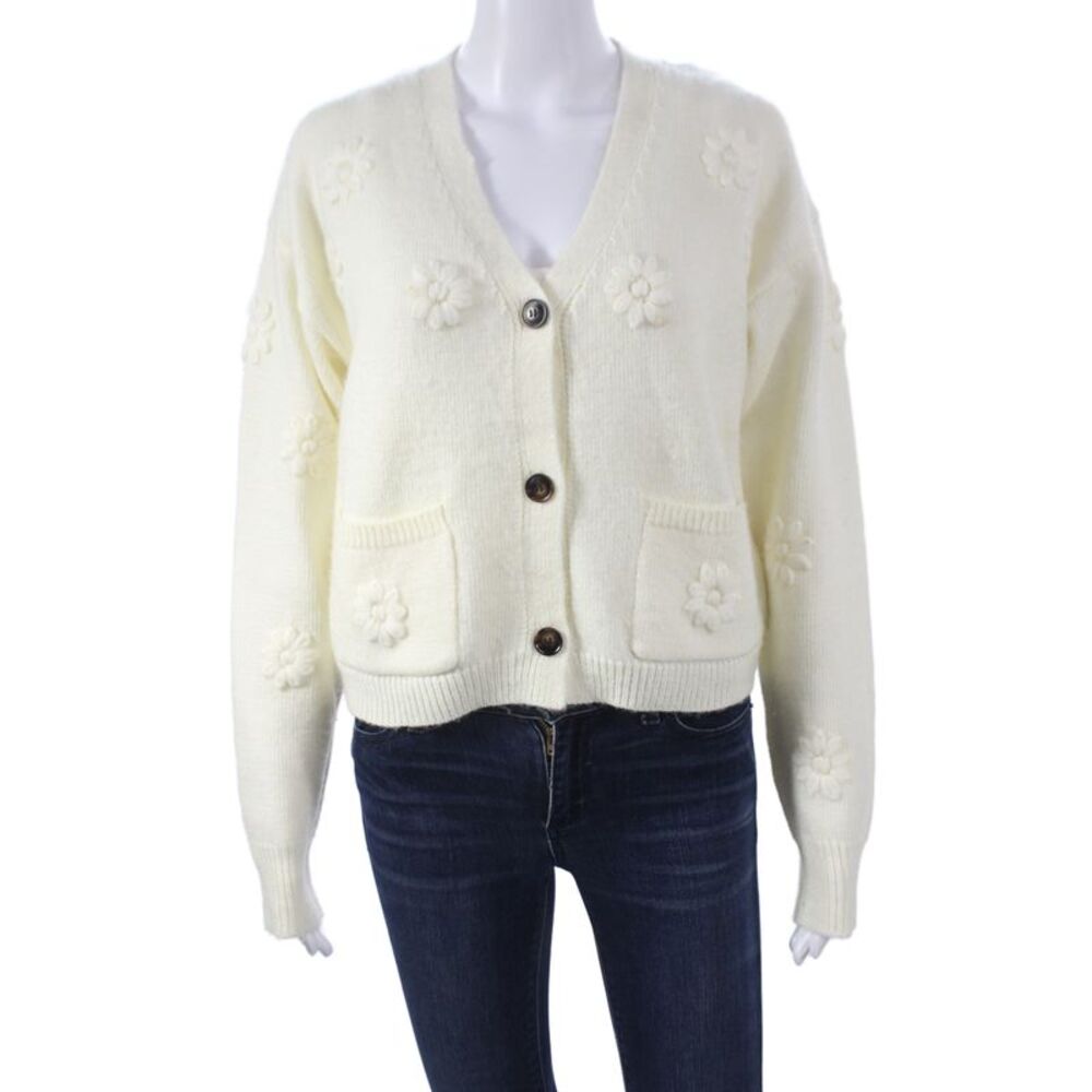 John + Jenn Women Floral V-Neck Cardigan Ivory Long Sleeve Size S